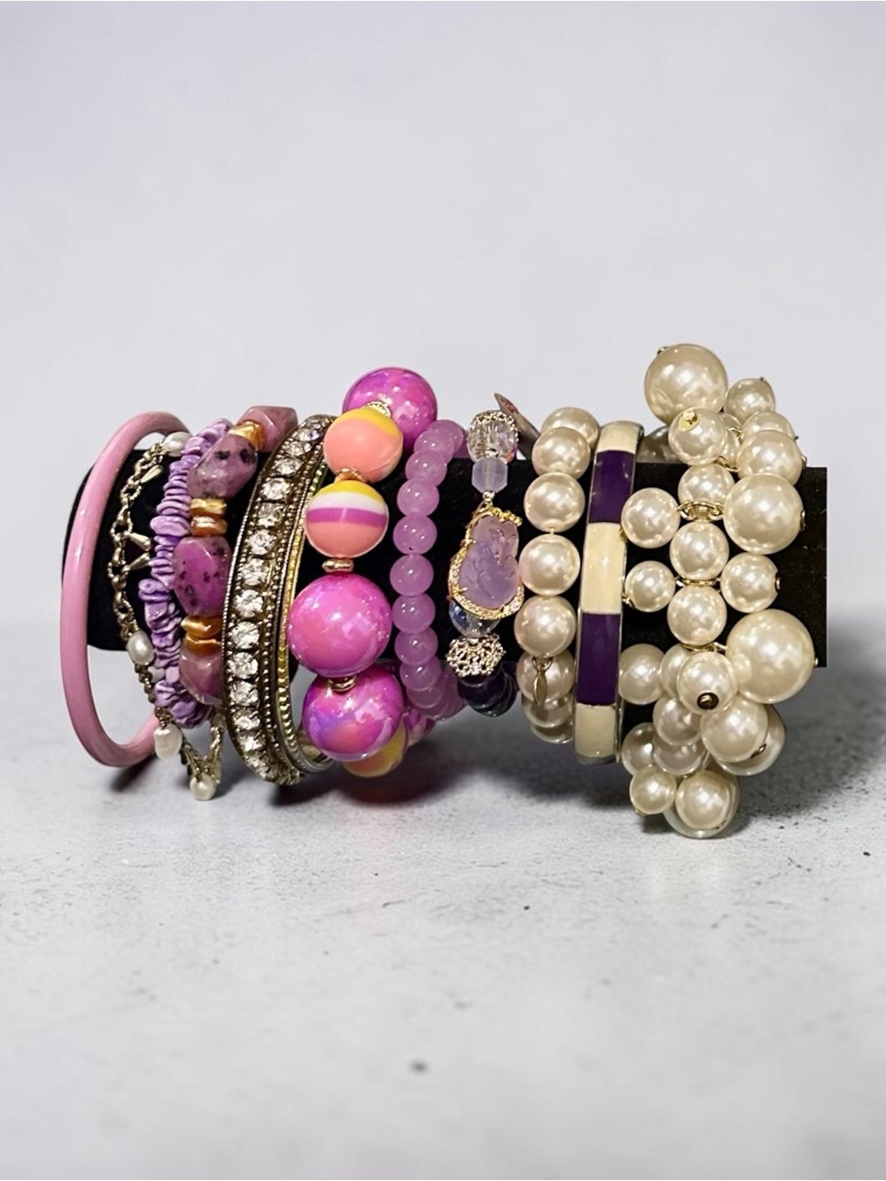 Custom Purple Pink Beaded Bracelet Stack Chunky Faux Pearl Bangles - Picture 2 of 5
